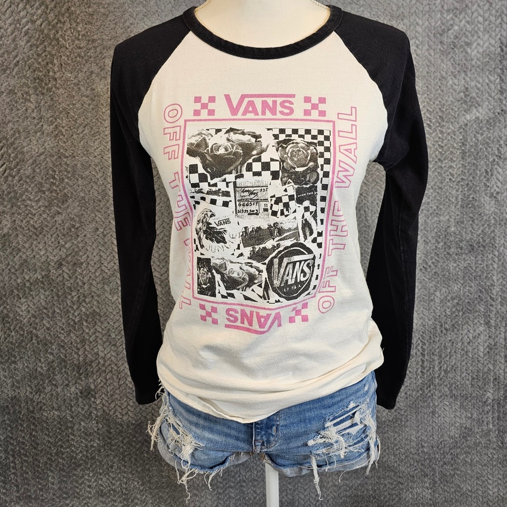 Vans Womens Raglan Baseball Graphic Tee Black Cream Pink Long Sleeve Small